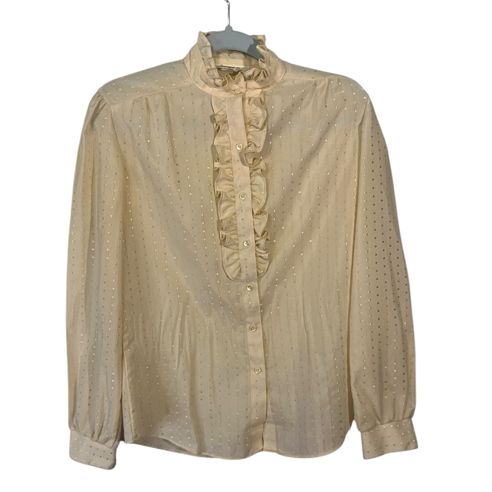 vintage shapely cream metallic polka dot ruffle mock neck button up size 10